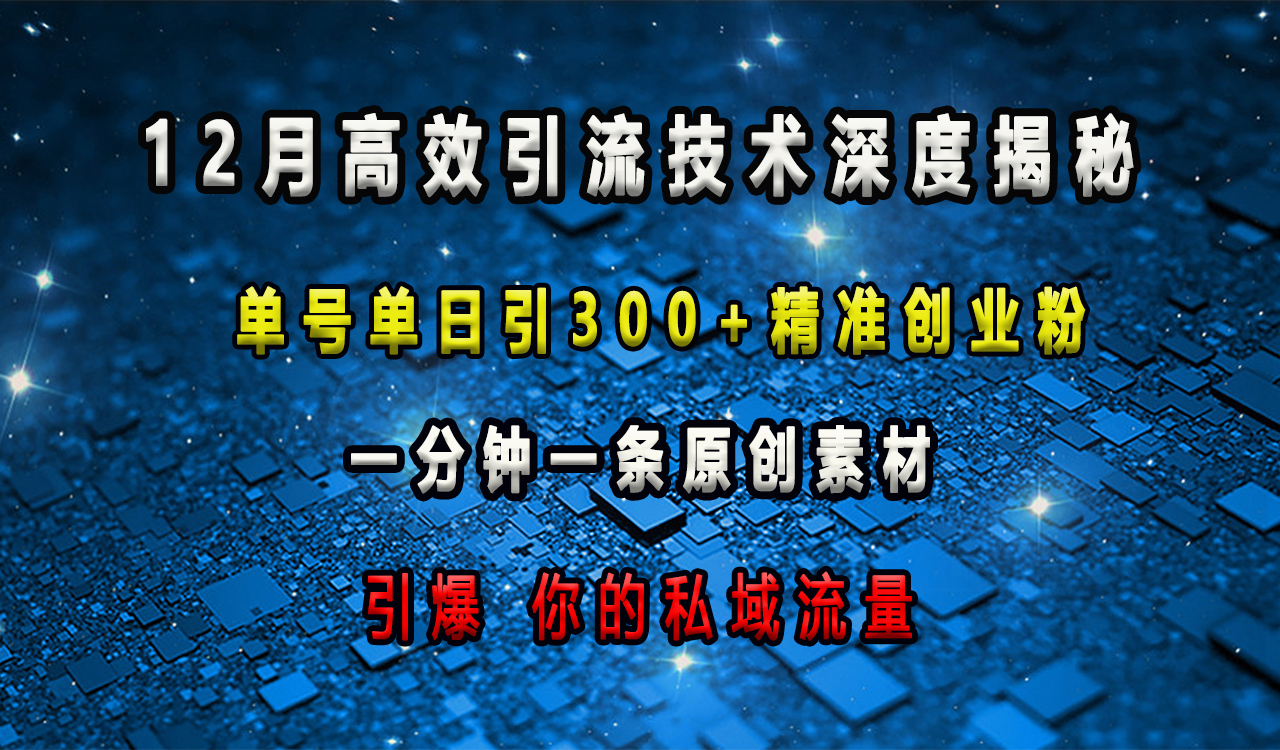 12月高效引流技术深度揭秘 ，单号单日引300+精准创业粉，一分钟一条原创素材，引爆你的私域流量-资源智库