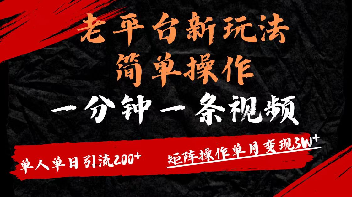 老平台，新玩法，简单操作，一分钟一条视频，单人单人引流200+矩阵操作，单月变现3W-资源智库