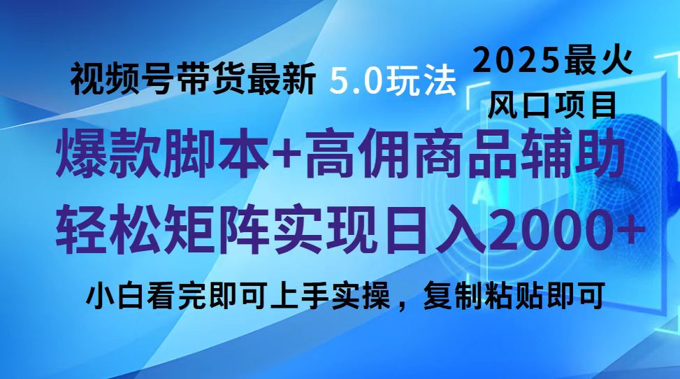 视频号带货最新5.0玩法，作品制作简单，当天起号，复制粘贴，脚本辅助，轻松矩阵日入2000+-资源智库