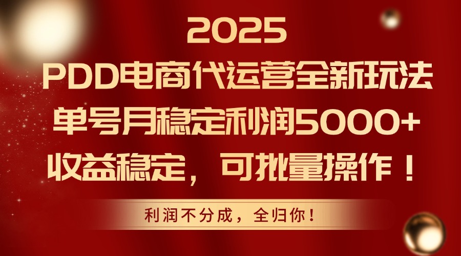 2025 PDD电商代运营全新玩法，单号月稳定利润5000+，收益稳定，可批量操作！-资源智库