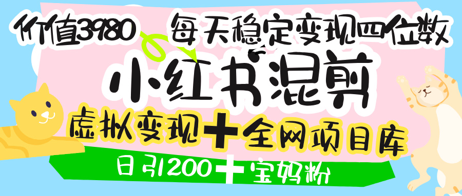 价值3980的小红书混剪， 虚拟变现 ＋全网项目库 ， 日引200+宝妈创业粉，每天稳定四位数变现-资源智库