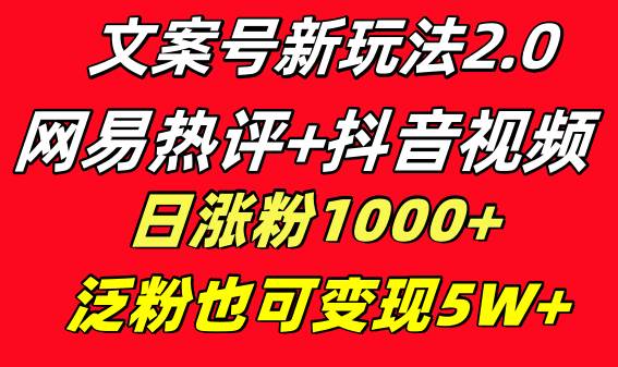 文案号新玩法 网易热评+抖音文案 一天涨粉1000+ 多种变现模式 泛粉也可变现-资源智库
