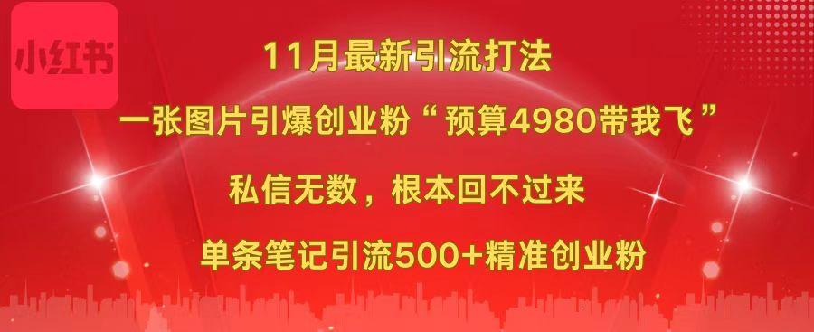 小红书11月最新图片打法,一张图片引爆创业粉“预算4980带我飞”,私信无数,根本回不过来,单条笔记引流500+精准创业粉-资源智库
