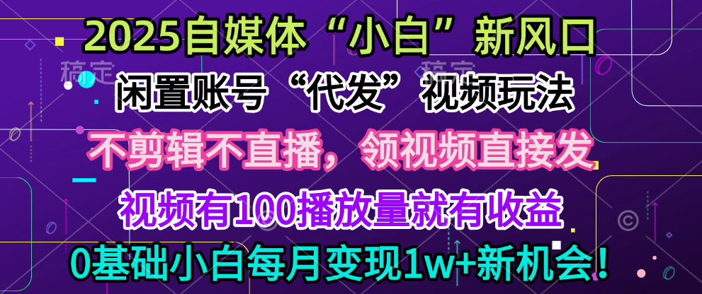 2025每月躺赚5w+新机会，闲置视频账号一键代发玩法，0粉不实名不剪辑，领了视频直接发，0基础小白也能日入300+-资源智库