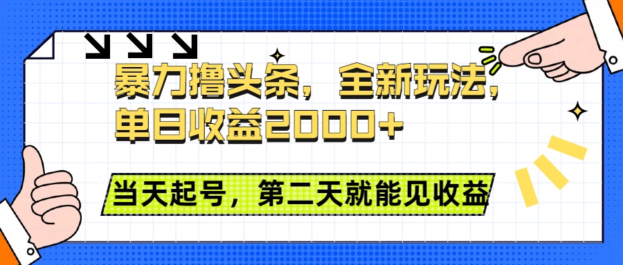 暴力撸头条全新玩法，单日收益2000+，小白也能无脑操作，当天起号，第二天见收益-资源智库