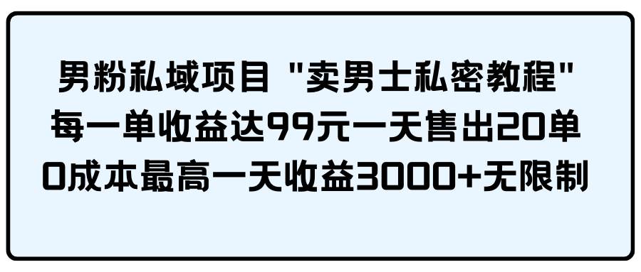 男粉私域项目 卖男士私密教程 每一单收益达99元一天售出20单-资源智库