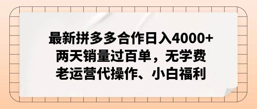 最新拼多多合作日入4000+两天销量过百单，无学费、老运营代操作、小白福利-资源智库