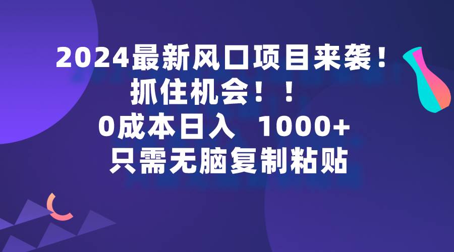 2024最新风口项目来袭，抓住机会，0成本一部手机日入1000+，只需无脑复…-资源智库
