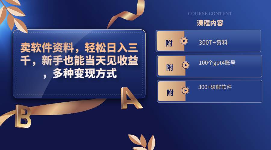 卖软件资料，轻松日入三千，新手也能当天见收益，多种变现方式，（附300T+资料，100个gpt4账号，300+破解软件）-资源智库